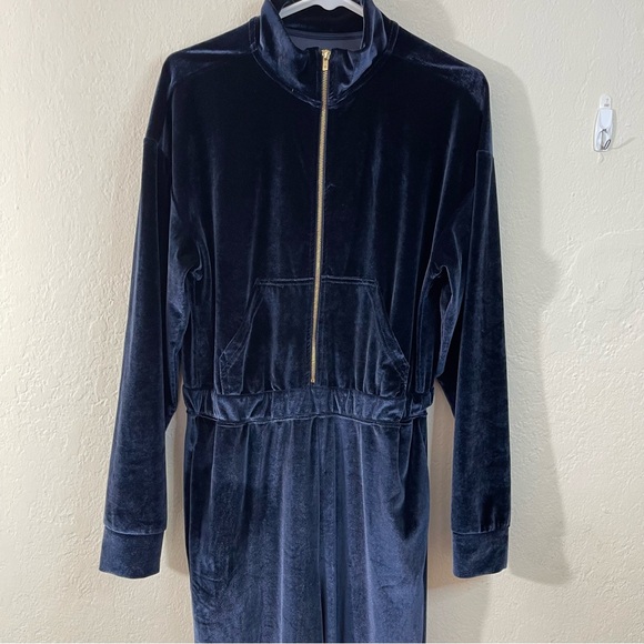 Fabletics Women's Navy Blue Velour Wide-Leg  Zip Front Jumpsuit Large Casual - Picture 7 of 14